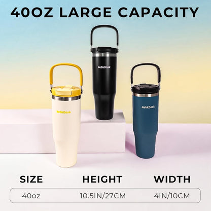Skiennix 40 Oz Insulated Stainless Steel Water Bottle - 2-in-1 Straw & Spout Lid, Leak-Proof, Black