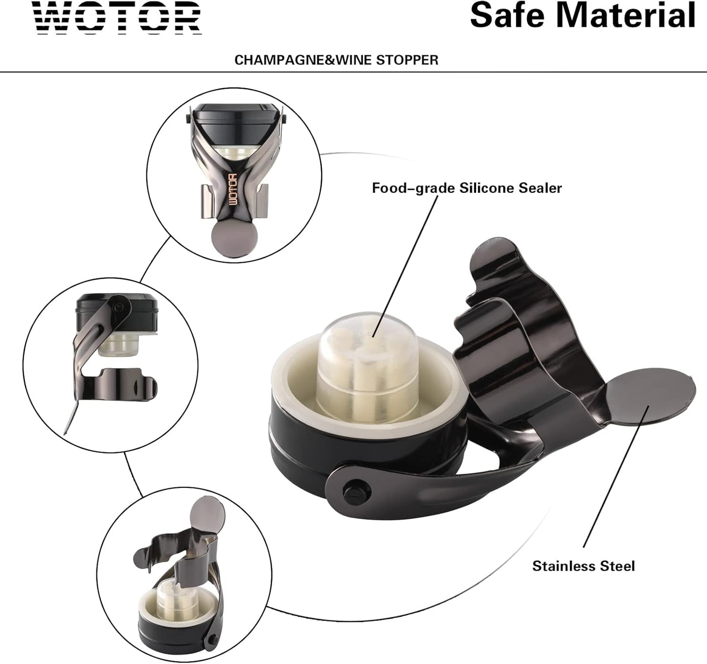 WOTOR Champagne&Wine Bottle Stoppers Stainless Steel with Food Grade Silicone, Leak Proof Keep Fresh Reusable Saver, Cork Suitable for Wine, Champagne, Cava, Prosecco and Sparkling (12 Pack Black）