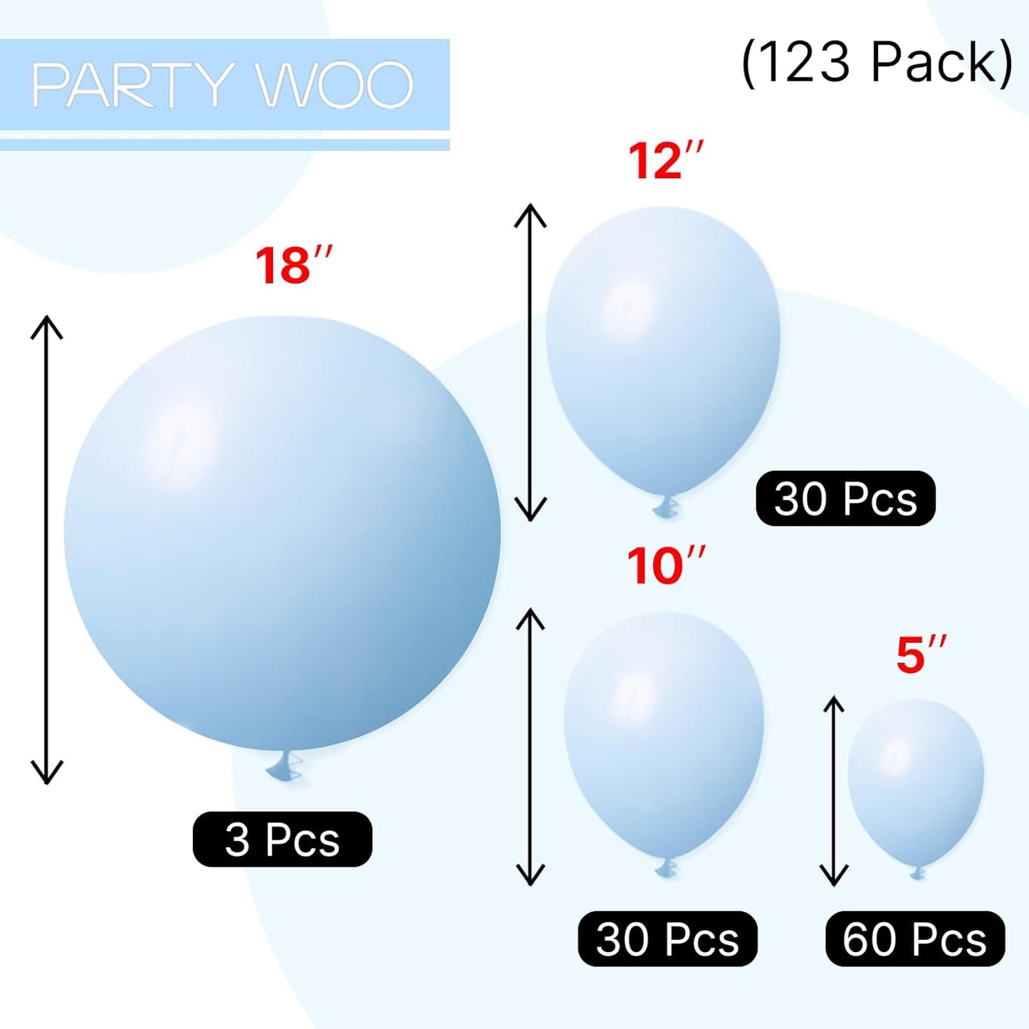 PartyWoo Baby Blue Balloons - 123-Piece Balloon Arch Kit | Various Sizes for Graduation & Baby Showers