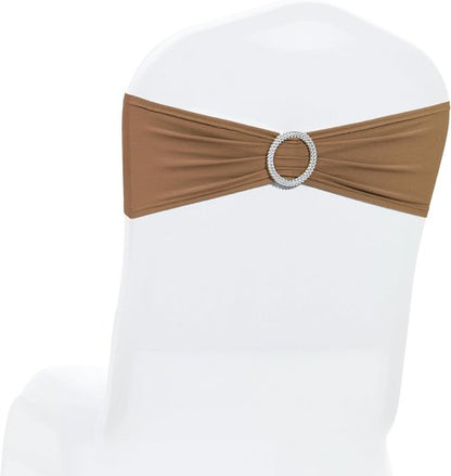 MDS Spandex Chair Sashes - 125 Pack of Elastic Stretch Bows with Buckle Slider for Wedding Decor - Mocha