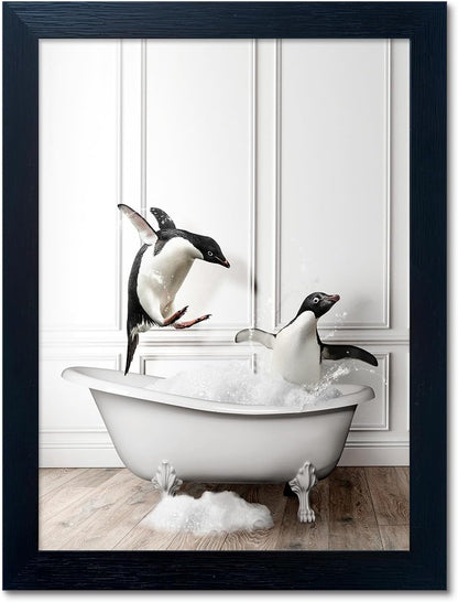 Skiennix Kids Bathroom Wall Decor - Funny Black & White Canvas Print of Cute Penguins in Bathtub