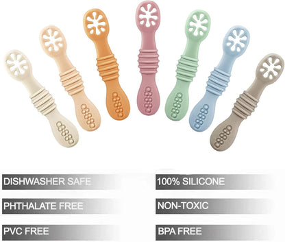 PandaEar Baby Spoons - 7 Pack Soft Silicone Self-Feeding Utensils for Toddlers | BPA-Free & Easy-Grip