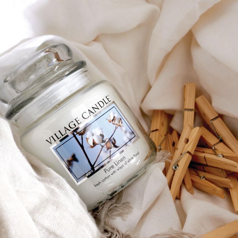 Village Candle Pure Linen Large Glass Apothecary Jar, Scented Candle, 21.25 oz., White