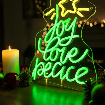 Neon Sign by Christmas Tree - USB Powered LED Light for Wall Decor | Peace, Love, Joy Design