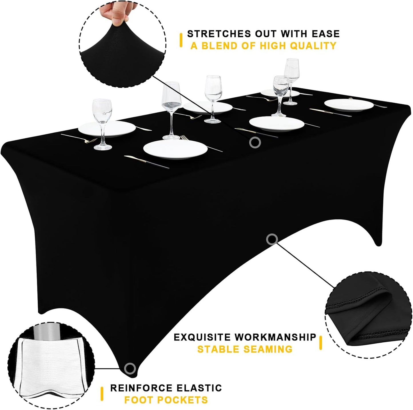 Smiry Spandex Table Cloth - 2 Pack Elastic Fitted Stretch Covers | Washable & Wrinkle-Free (Black, 48"x30"x30")