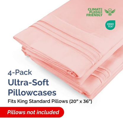 King Standard Pillow Cases - Soft Hotel Quality Covers for Comfy Bedding | Set of 4 - Baby Pink