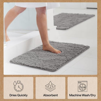 GORILLA GRIP Bath Rug Mat - Soft Absorbent Chenille | Quick Dry Microfiber, 42x24 Inches, Grey