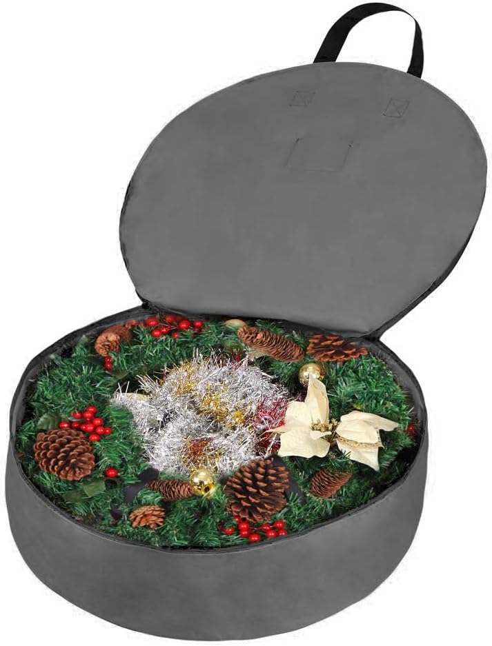 Primode Christmas Wreath Storage Bag - Heavy Duty 24" Container with Handles - Durable 600D Oxford Polyester (Gray)