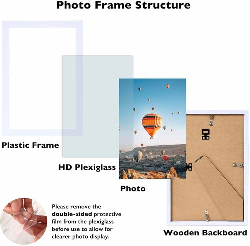 JCJMY 6x10 Picture Frame - White Wall Mount or Tabletop Display with Shatter-Resistant Plexiglass