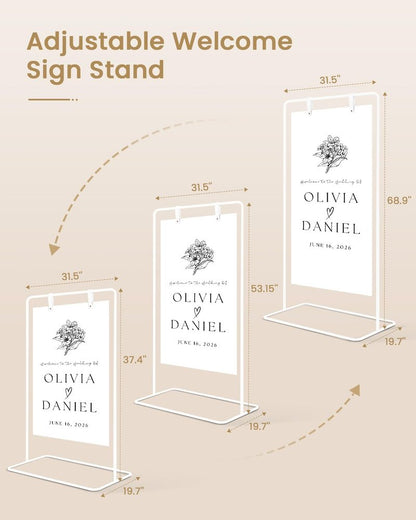 Wedding Welcome Sign Stand, Welcome to our Wedding Sign Holder, White Easel Stand for Sign Poster With Design Bundle & Ground Stakes & Leather Sign Hanging Straps, Linen Sign Stand for Wedding Decor
