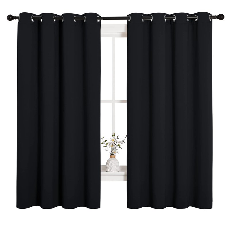 NICETOWN Bathroom Blackout Curtains and Drapes, Black Solid Thermal Insulated Grommet Blackout Drapery Panels for Window (2 Panels, 55 inches Wide by 68 inches Long, Black)