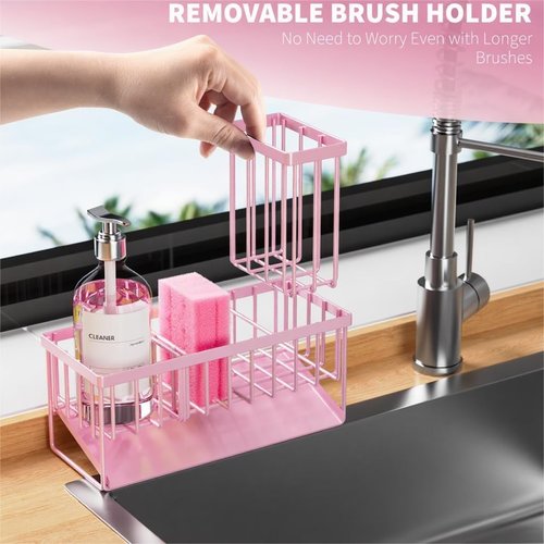 Cisily Pink Kitchen Sink Caddy Organizer - Rustproof 304 Stainless Steel with Brush & Sponge Holder