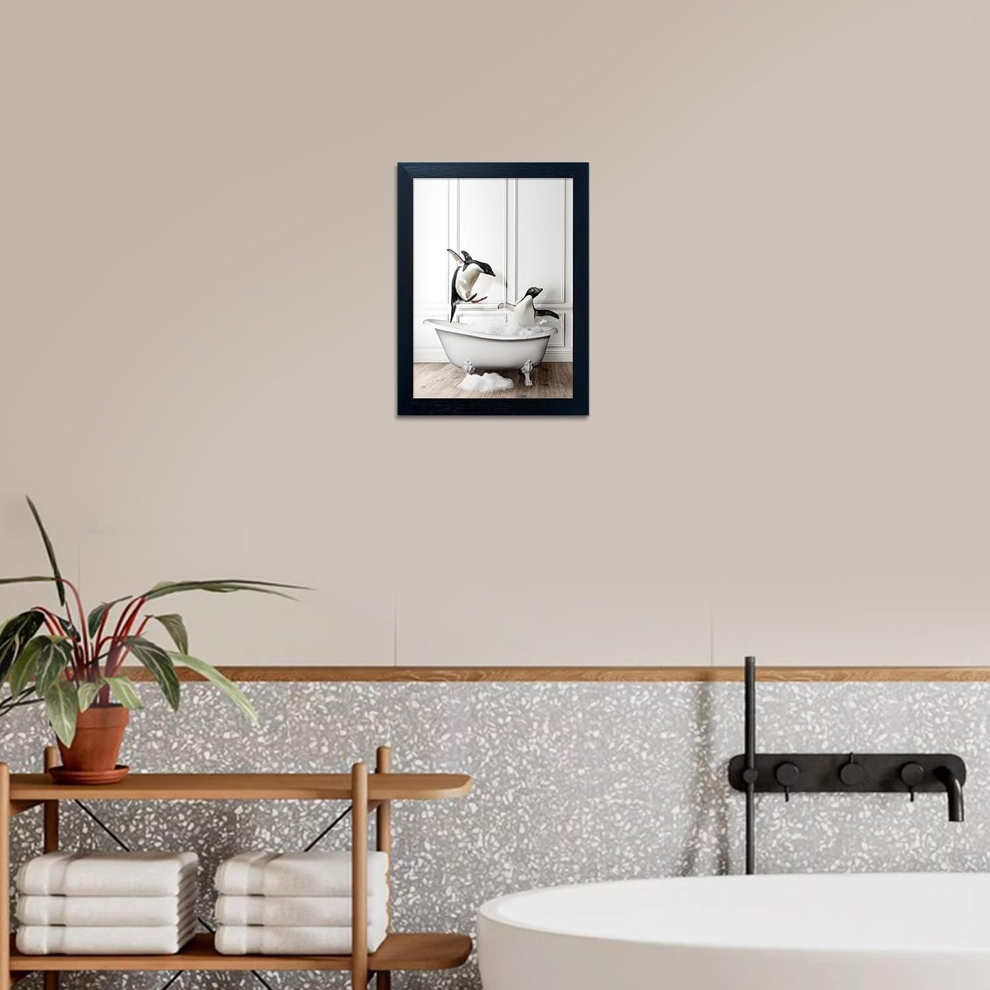 Skiennix Kids Bathroom Wall Art - Framed Black and White Penguin Print | Cute Farmhouse Decor