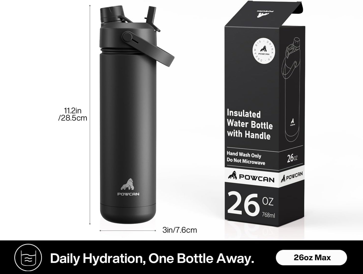 POWCAN 26 oz Insulated Water Bottle - 2-in-1 Straw & Spout Lid, Keeps Drinks Cold 24H | Midnight Kiss
