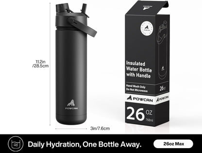 POWCAN 26 oz Insulated Water Bottle - 2-in-1 Straw & Spout Lid, Keeps Drinks Cold 24H | Midnight Kiss