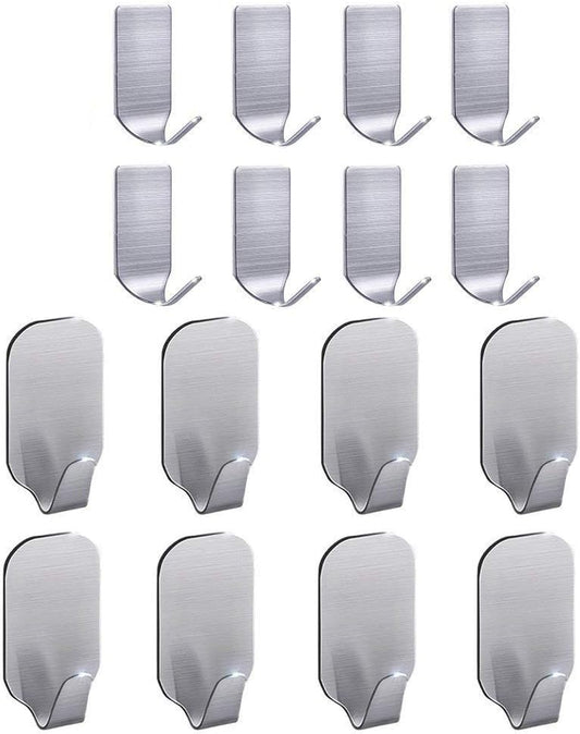 Adhesive Hooks | Strong Waterproof Stainless Steel Wall Hangers for Bathroom & Kitchen - 16 Pack