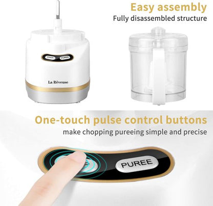 La Reveuse Electric Mini Food Processor - 200 Watts, 2-Cup Bowl for Chopping & Blending | White