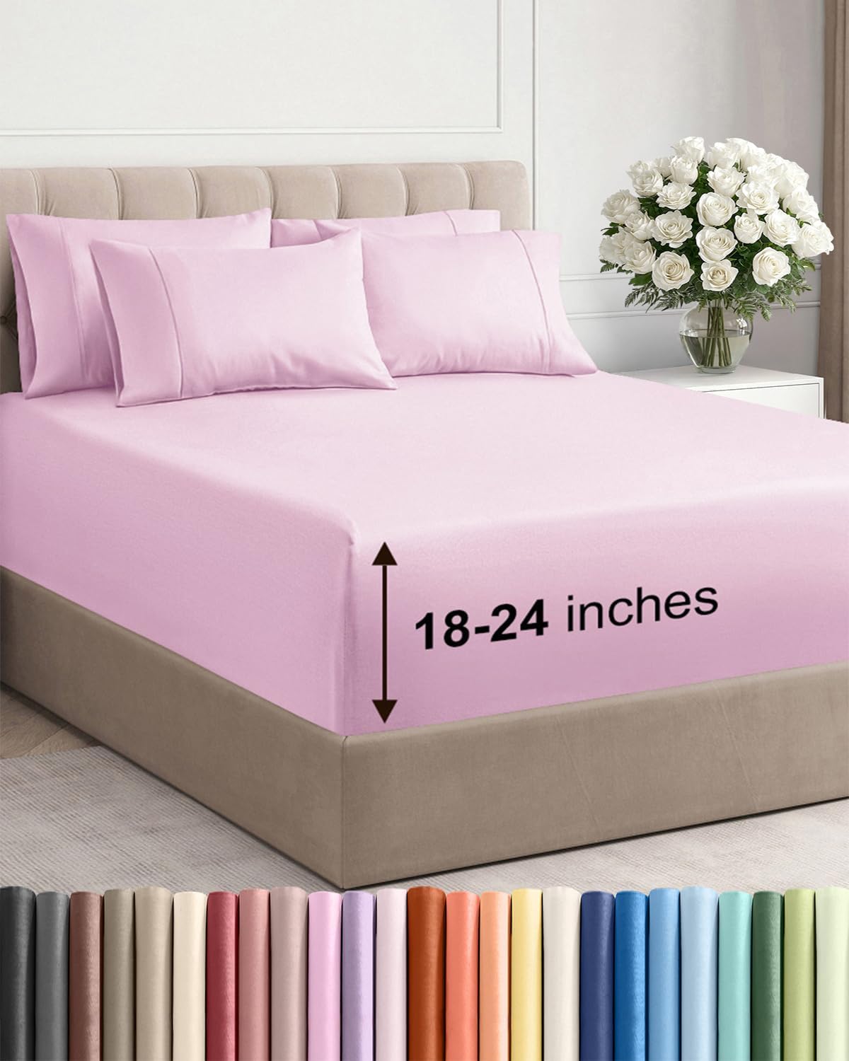 Skiennix Extra Deep Full Sheet Set - 6 Piece Breathable Cooling Bedding - Soft Wrinkle-Free Light Pink