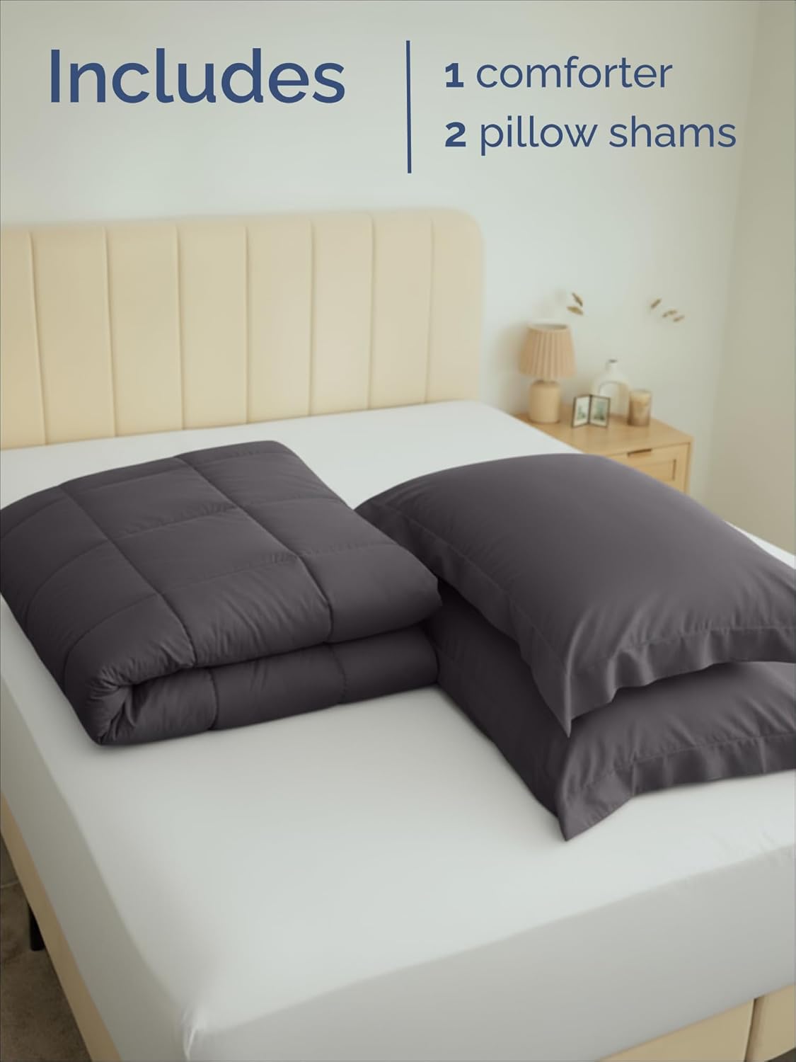 Queen Comforter Set - 3-Piece Soft Quilted Bed Set with Pillow Shams - Comfy & Breathable Dark Grey