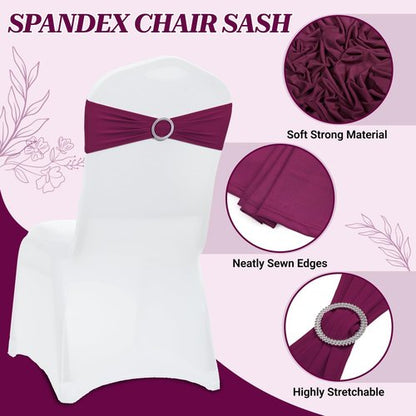 MDS Spandex Chair Sashes - Premium Stretch Covers with Buckle Slider for Weddings & Events | Eggplant, Pack of 75