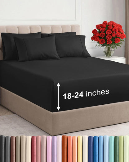 Skiennix Extra Deep King Sheet Set - 6 Piece Breathable Cooling Bedding - Soft, Wrinkle-Free Black