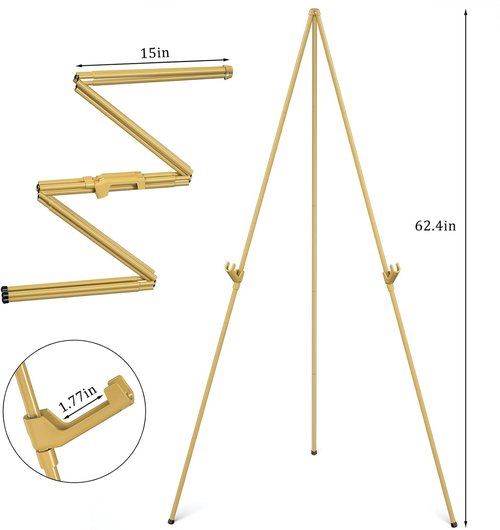 Display Artist Easel Stand - 63" Collapsible Tripod for Easy Folding & Adjustable Art Display - Gold