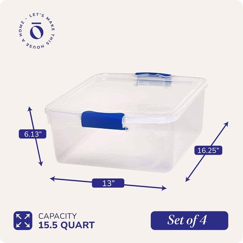 HOMZ 15.5 Quart Clear Plastic Storage Bins - 4-Pack Stackable Organizers for Home & Office