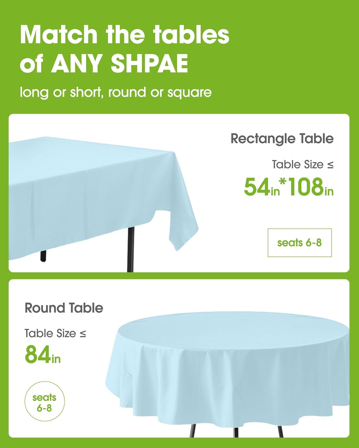Pureegg Disposable Plastic Tablecloths - 54 x 108 Inch, Waterproof Baby Blue for Easter, Weddings & Picnics