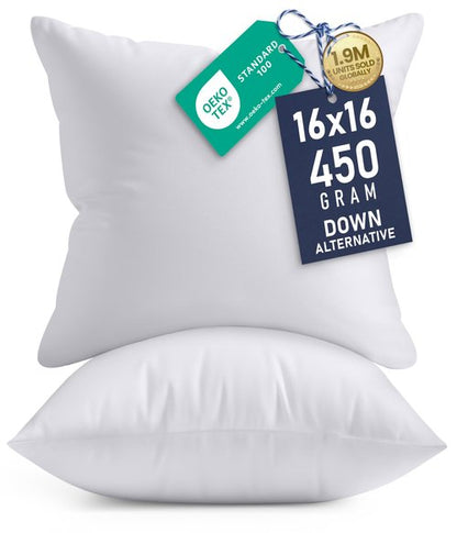 Utopia Bedding 16x16 Pillow Inserts, Set of 2, White – Indoor Decorative Throw Pillows for Bed, Sofa & Couch – Soft, Supportive & Fluffy Cushion Inserts