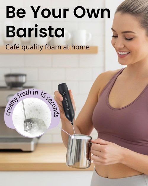 Elementi Milk Frother Wand - Powerful USB-C Rechargeable Handheld Mixer for Perfect Cappuccinos & Lattes (Black)