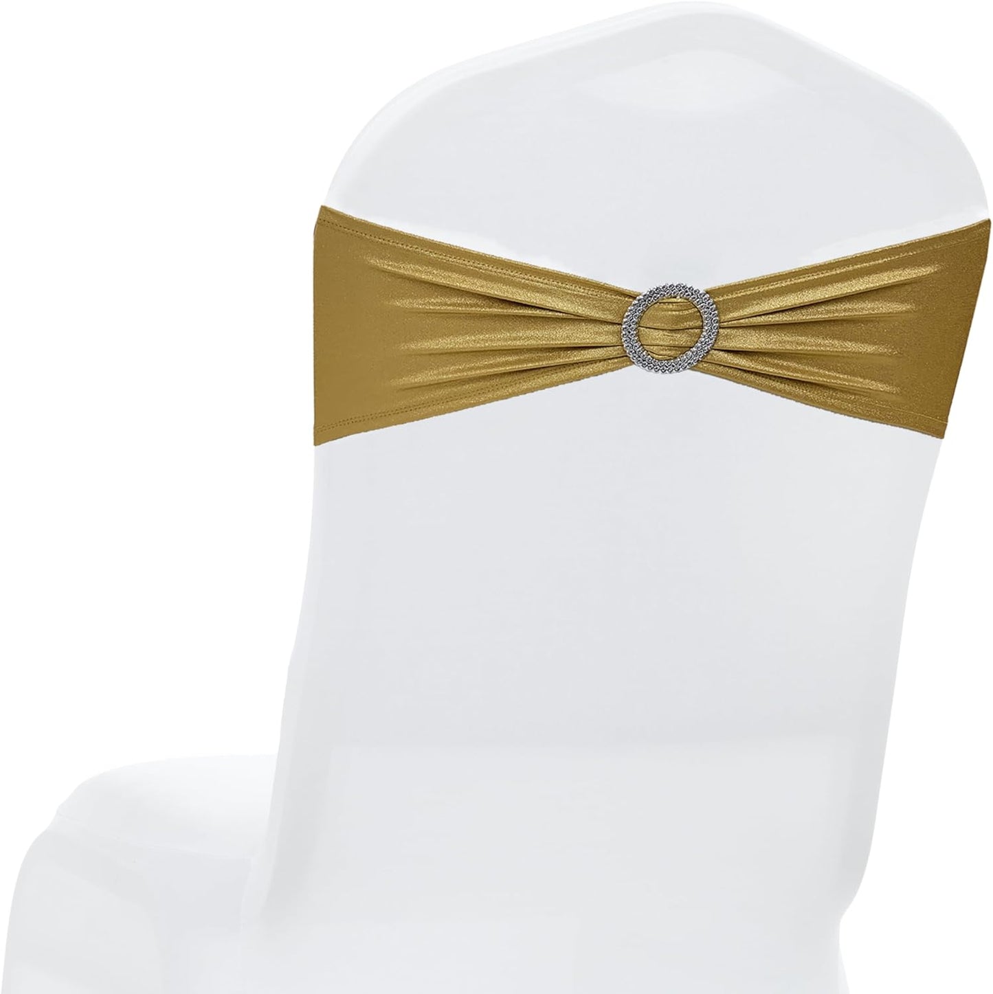MDS Spandex Foil Chair Sashes - Universal Elastic Stretch Bands with Buckle for Weddings | Metallic Gold, Pack of 10