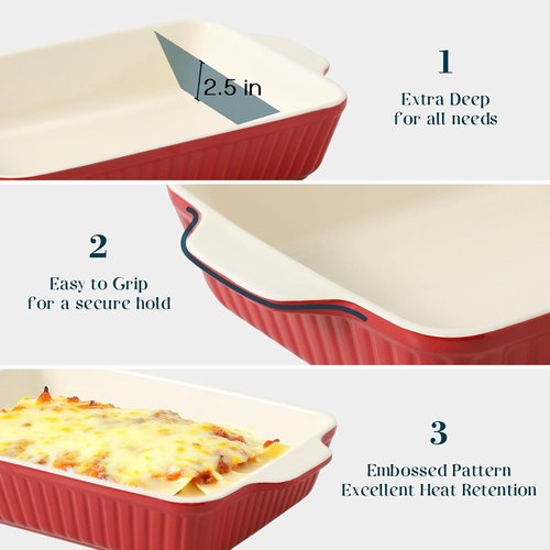 DOWAN Casserole Dishes - Set of 3 Rectangular Ceramic Baking Dishes, 135 Oz Capacity, Red (15.6''/12.2''/8.9'')