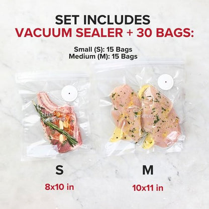 Chef Preserve Compact Vacuum Sealer - Powerful Handheld Food Sealer with 30 Reusable Bags | Portable Meal Saver