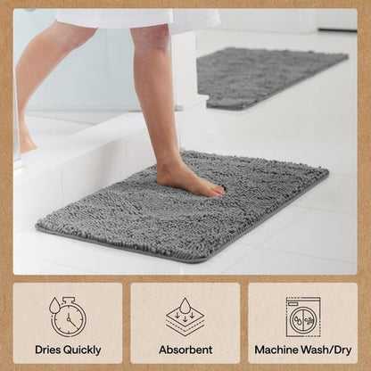 GORILLA GRIP Bath Rug Mat - Thick Soft Absorbent Chenille | Quick-Dry Microfiber, 54x24, Grey