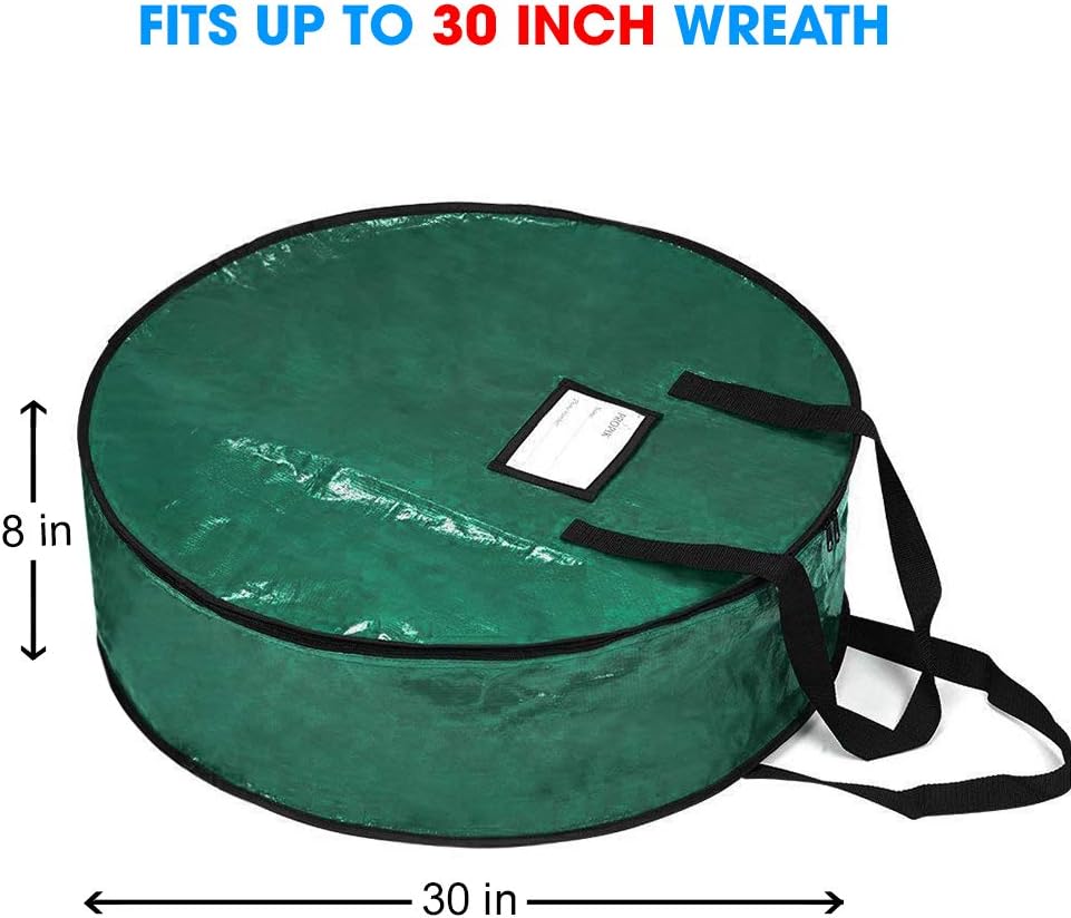 ProPik Christmas Wreath Storage Bag - Heavy-Duty Tear Resistant Material - 30” X 8” - Green with Transparent Card Slot