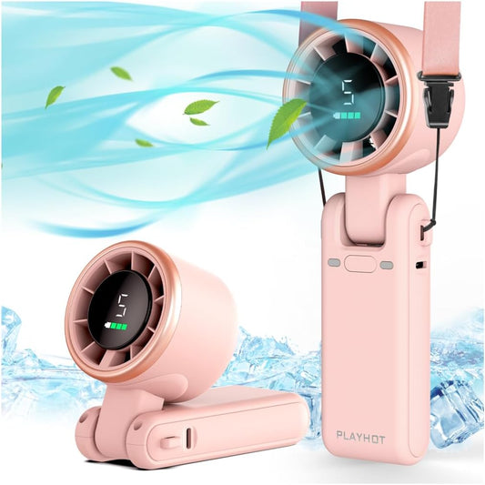 PlayHot Portable Handheld Turbo Fan - 5-Speed Rechargeable 5000mAh Battery | Lightweight 0.6lb 3-in-1 Fan (Pink)