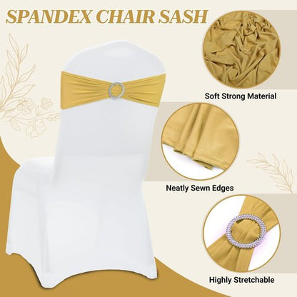 MDS Spandex Chair Sashes - Pack of 150 Elastic Stretch Bows with Buckle Slider for Wedding Decor - Gold