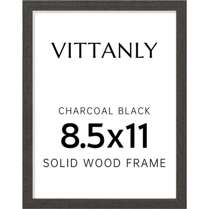 Vittanly 8.5x11 Picture Frame, Solid Wood Frame with Plexiglass, Includes 6x8 Mat, Wall Hanging or Tabletop for Photos, Home Decor, Charcoal Black, 1 Pack