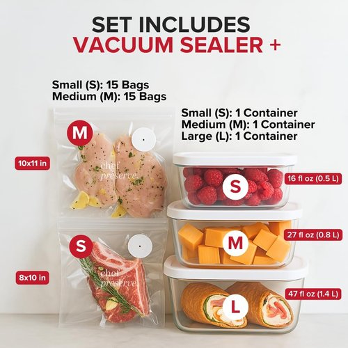 Chef Preserve Vacuum Sealer - Compact Handheld Food Sealer with 3 Glass Containers & 30 Bags