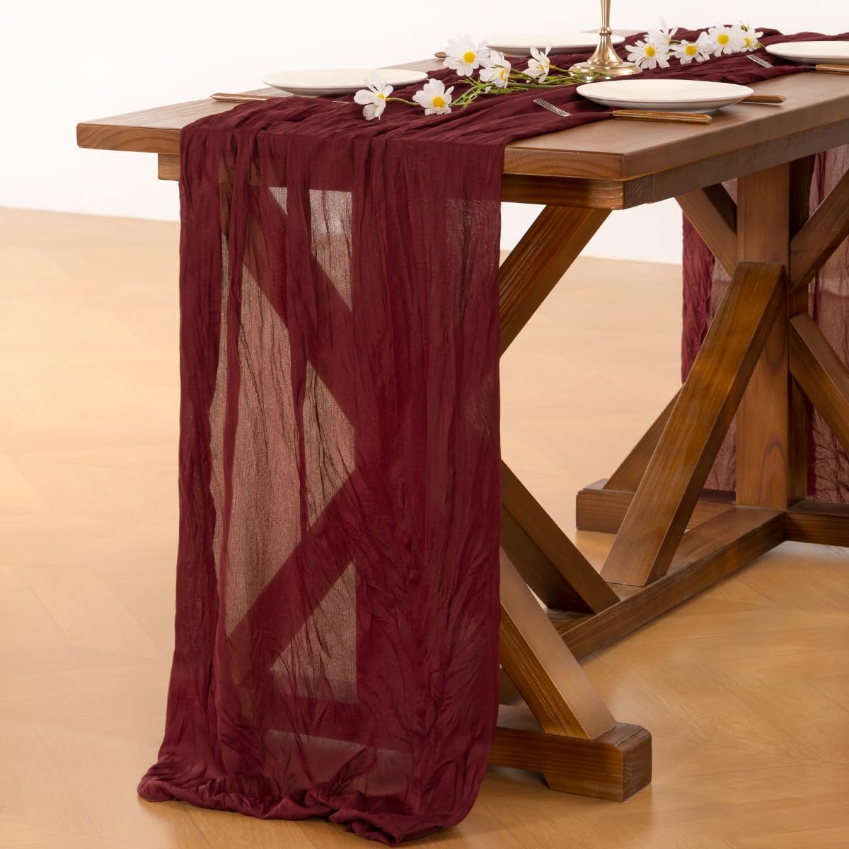 Socomi Burgundy Red Cheesecloth Table Runner - 120 Inch Boho Rustic Sheer Decor for Weddings & Parties