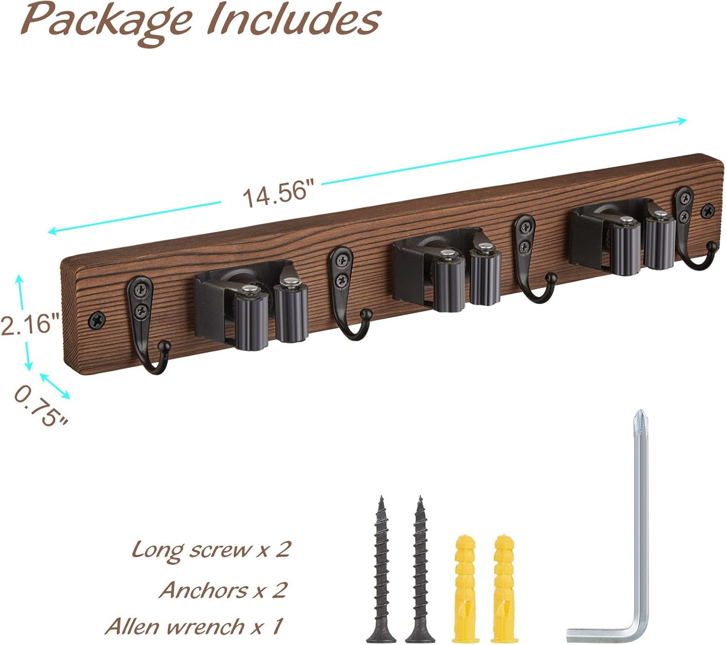 OUTNILI Mop Broom Holder Wall Mount - 3 Slots & 4 Hooks for Kitchen Organization | Rustic Farmhouse Decor