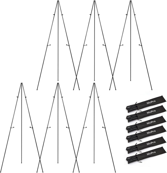 Nicpro Art Folding Easels - 63-Inch Metal Tripod Display Stands, 6 Pack with Carry Bag - Black Collapsible