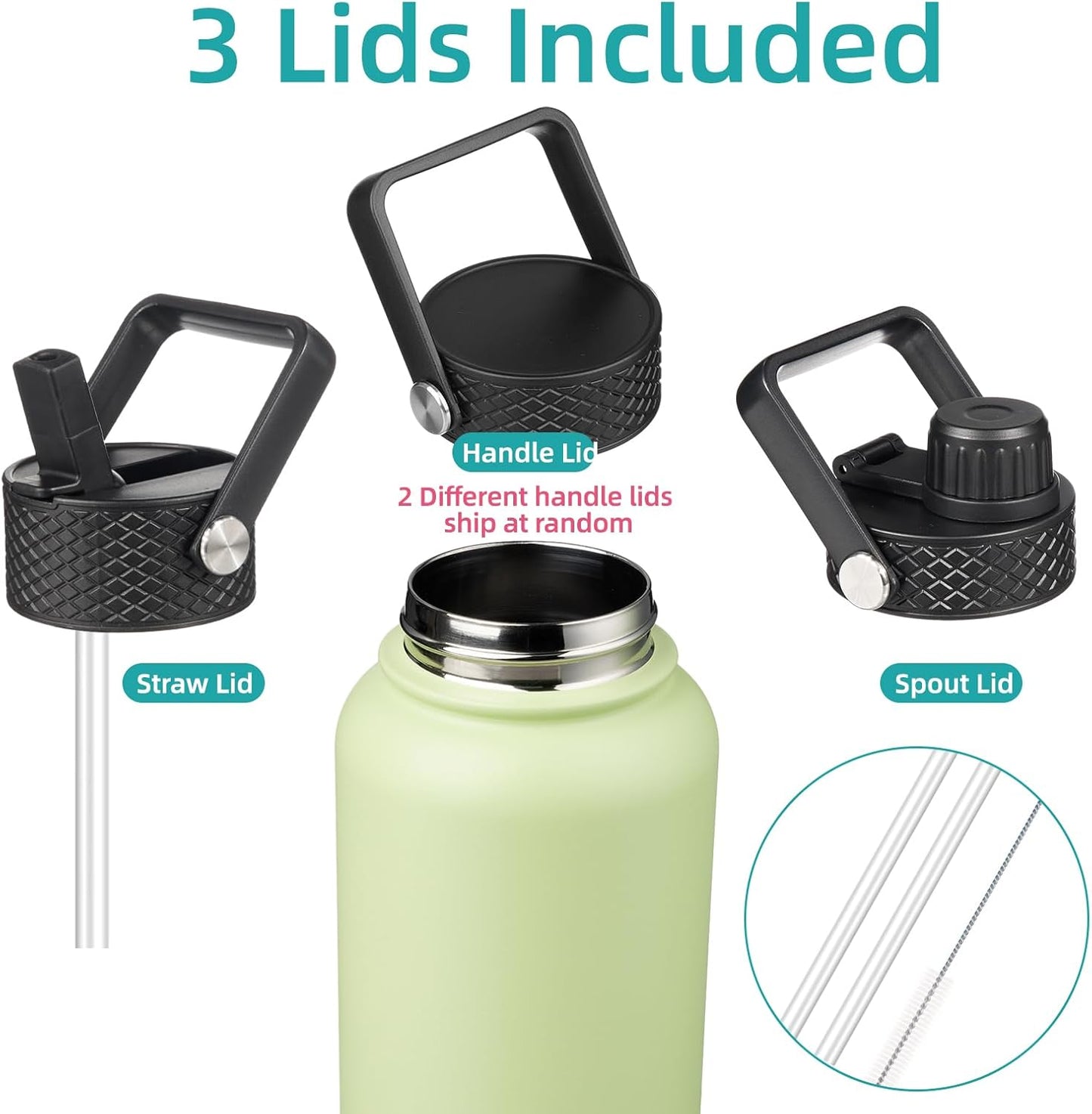 Skiennix 40oz Insulated Stainless Steel Water Bottle - Durable Sport Bottle with 3 Lids | Macaron Green