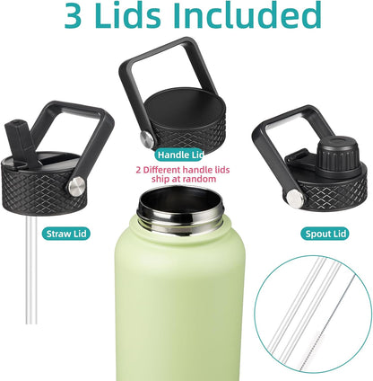 Skiennix 40oz Insulated Stainless Steel Water Bottle - Durable Sport Bottle with 3 Lids | Macaron Green