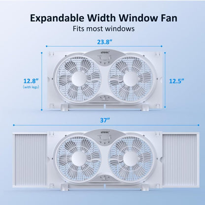 shinic Window Fan with Reversible Airflow Quiet, Twin 9" Blades, Full Remote Control, 3 Functions-3 Speeds, Bathroom Kitchen Window Exhaust Fan, Width Adjustable (From 23.5" to 37") ETL Certified