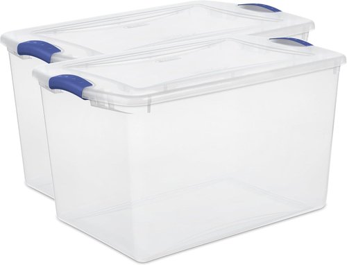 Large Clear Plastic Storage Bins - 66 Quart Stackable Containers with Blue Latch | 2 Pack for Home & Office Organization