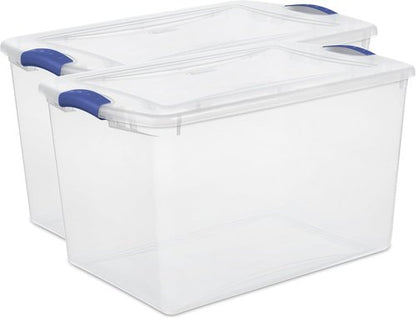Large Clear Plastic Storage Bins - 66 Quart Stackable Containers with Blue Latch | 2 Pack for Home & Office Organization