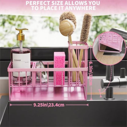 Cisily Pink Kitchen Sink Caddy Organizer - Rustproof 304 Stainless Steel with Brush & Sponge Holder