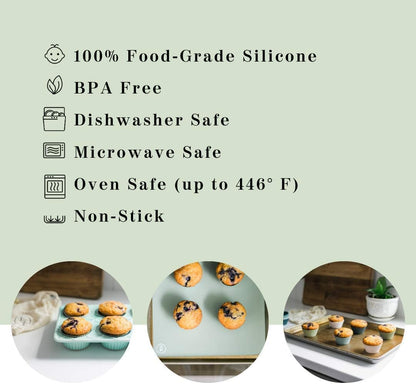 Skiennix Silicone Baking Cups - Reusable Muffin Liners, BPA Free, 12 Pack in White, Blue & Green