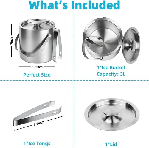 Chefbee 3L Double-Wall Stainless Steel Ice Bucket and 4 Pack Kitchen Sink Drain Strainer